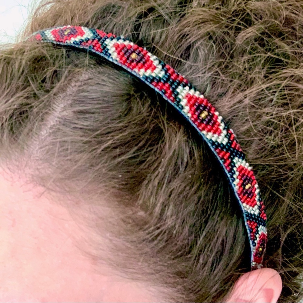Beaded Headband Red Black Silver-Southwestern Aztec Diamond Pattern Festival Y2K